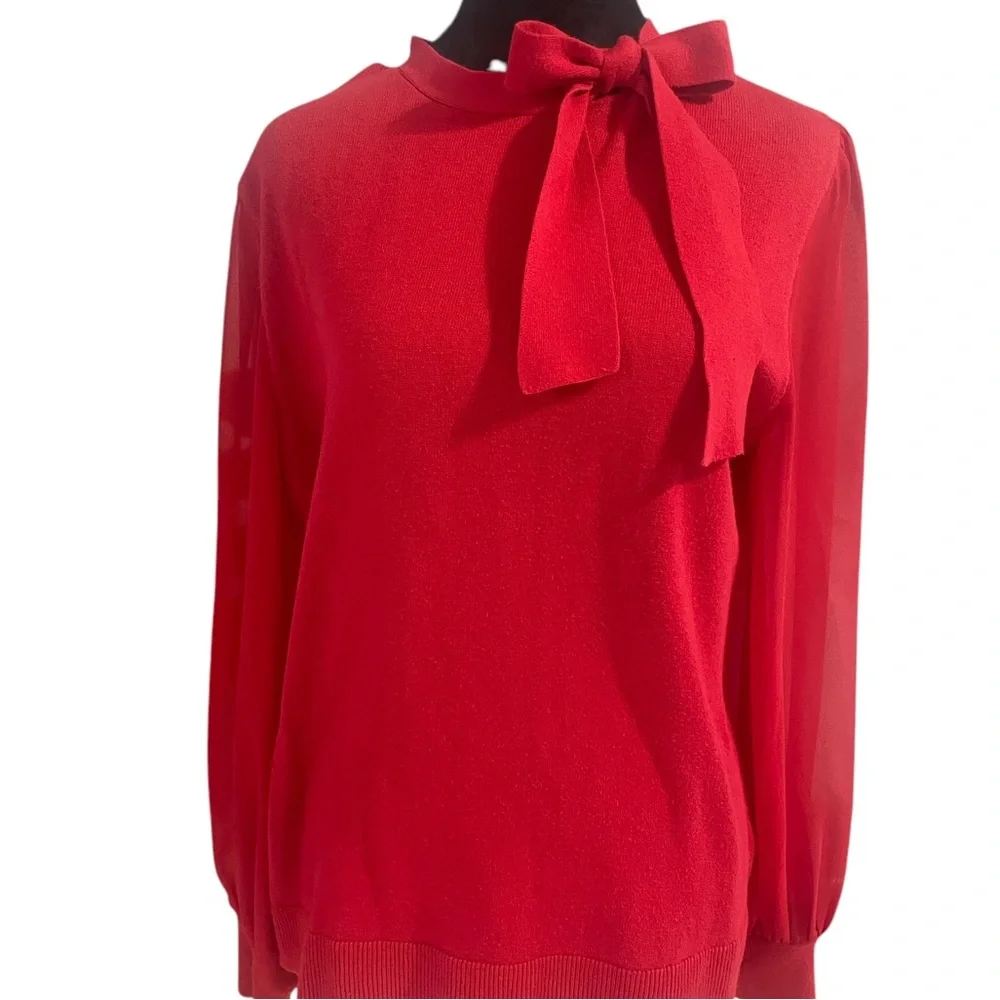 Cece’s Bow Neck Blouson Sleeve Cotton Blend Red Sweater,Large - Picture 2 of 9